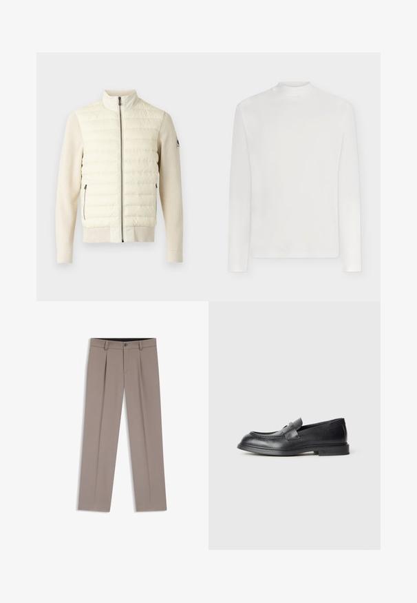 Doudoune de couleur claire avec un col montant, un devant matelassé, des manches en tricot côtelé et deux poches latérales zippées. Texture lisse dans l'ensemble.; T-shirt blanc uni à manches longues avec un col rond haut, présenté de face sur un fond clair.; Pantalon homme sur mesure de couleur marron clair avec passants de ceinture, plis, bouton à l'avant et braguette zippée, posé à plat sur un fond blanc.; Mocassins en cuir noir avec une finition texturée, dotés d'une bride décorative à l'avant et d'un bout arrondi. Semelle en caoutchouc pour plus de durabilité.