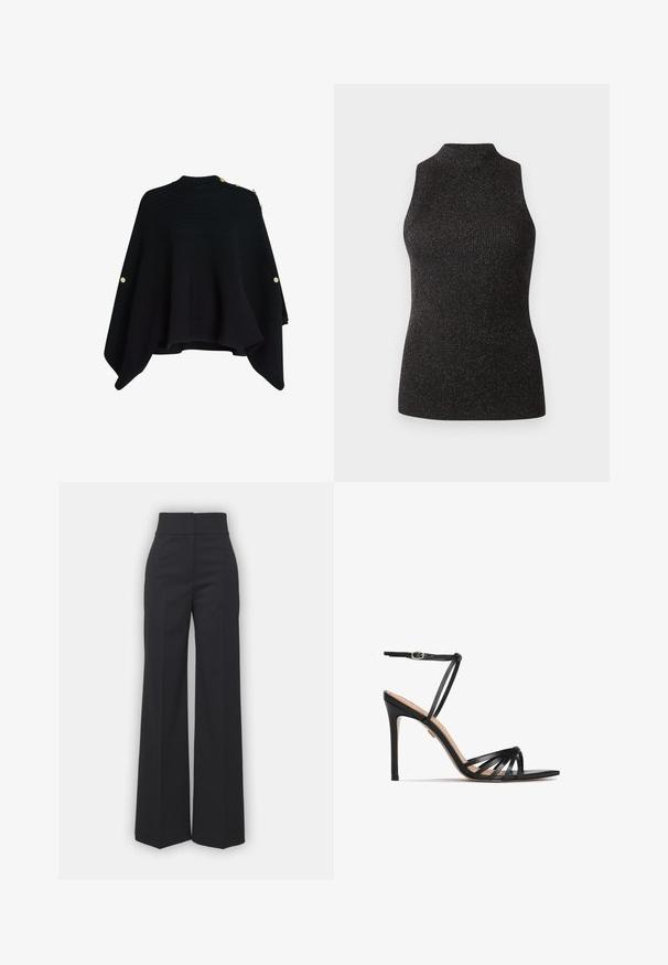 Čierny pletený pončo s vysokým golierom, s zlatými gombíkmi na jednom pleci a rozšíreným, asymetrickým lemom.; CLOSED SLEEVELESS - Top - black; Široké nohavice z čiernej tkaniny s vysokým pásom, s čistým lemovaním a hladkou textúrou. Bez viditeľných kovových prvkov alebo vzorov.; Čierne kožené sandále na vysokom podpätku s úzkymi popruhmi a jedným členkovým popruhom. Majú špicatú špičku a štruktúrovaný podpätok.