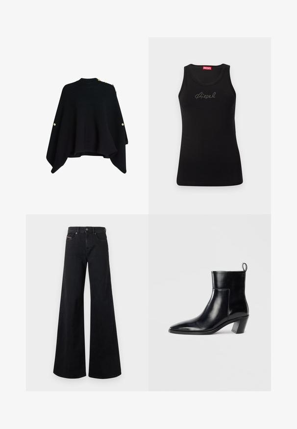 Sort strikket poncho med høj krave, der har guldtonede knapper på den ene skulder og en bred, asymmetrisk kant.; Sort ærmeløs tanktop med rhinsten "Diesel" logo over brystet og rød mærkeetiket indeni ved halsudskæringen.; Sorte jeans med brede ben lavet af denim, der har høj talje, knaplukning, forlommer og minimale syningsdetaljer.; Sort læder ankelstøvle med spids tå, geometrisk stablet hæl og en løftestrop bagpå. Glat tekstur og slankt design.