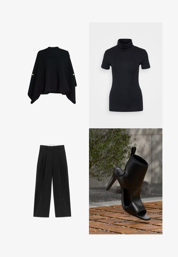 Sort strikket poncho med høj krave, der har guldtonede knapper på den ene skulder og en bred, asymmetrisk kant.; Sorte ribbede turtleneck top, korte ærmer, tætsiddende design, blød tekstur, minimale sømme og en høj krave.; Sorte bukser med vide ben, frontplisseringer, bæltestropper og sidelommer, designet til en skræddersyet pasform.; Sort højhælet mule-sko med åben tå og udskæringer på siderne, vist udendørs på trælameller med sløret grønt løv i baggrunden.
