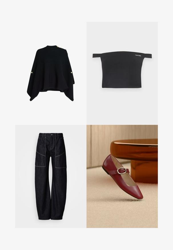 Čierny pletený pončo s vysokým golierom, s zlatými gombíkmi na jednom pleci a rozšíreným, asymetrickým lemom.; Čierny crop top s dizajnom bez ramienok, vyrobený z hladkej látky. Má úzke ramienka a malú bielu značku Calvin Klein na prednej strane.; Tmavé rifľové nohavice s širokými nohavicami, viacerými prednými vreckami, kontrastným prešívaním a zapínaním na gombík v páse. Hladká textúra a neformálny dizajn.; Červená kožená Mary Jane balerína s plochou podrážkou a striebornou prackou, vystavená na béžovom koberci vedľa hnedého okrúhleho stola.