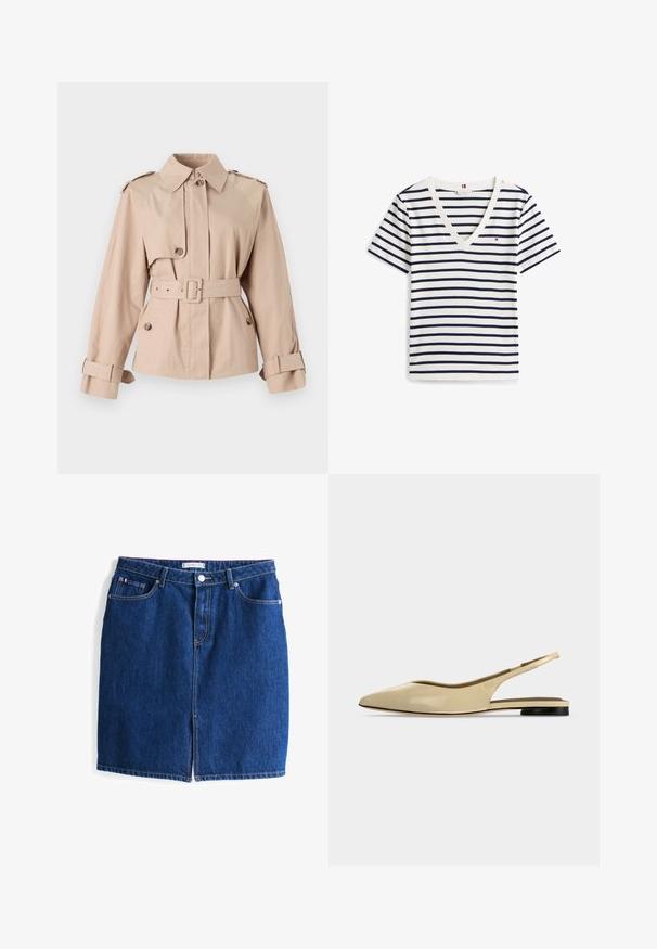 Beige trenchcoat met een tailleband, grote kraag, knopenfront en opgerolde mouwen. Beschikt over schouderepauletten en een gladde stofstructuur.; Wit T-shirt met korte mouwen, V-hals, marineblauwe horizontale strepen en een klein geborduurd logo op de linkerborst.; Denim rok in een donkerblauwe kleur, met een knoopsluiting aan de voorkant en twee zakken. Het heeft een rechte vorm en is op knielengte.; Beige platte slingback schoen met puntige neus, lage zwarte hak en een glad leren afwerking, zijaanzicht op een effen achtergrond.