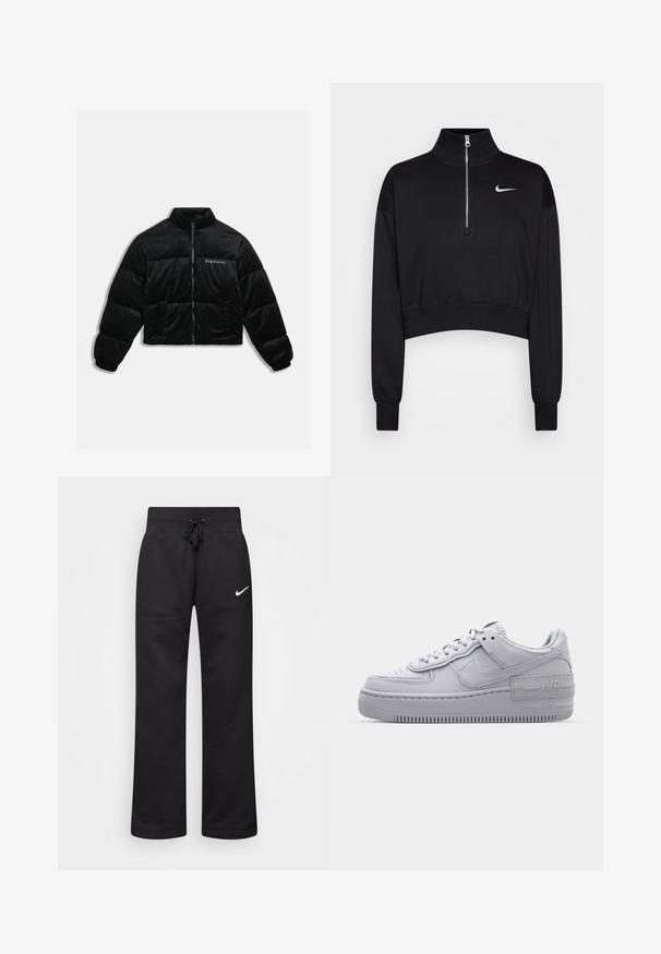 Zwarte cropped pufferjack gemaakt van zachte fluweel. Kenmerkt zich door een hoge kraag, ritssluiting aan de voorkant en twee zijzakken. Inclusief geborduurd logo op de borst.; Zwarte cropped sweatshirt met een hoge kraag, halve rits, geribde manchetten en een klein wit Nike-logo op de linkerkant van de borst. Zachte stoffen textuur.; Zwarte sweatpants van een katoenmix, voorzien van een tailleband met koord, rechte pijpen, en een wit Nike-logo aan de linkerzijde.; Grijze Nike Air Force 1 sneaker met geperforeerde neus, glad leren bovenwerk, dikke zool en verhoogde 'AIR' details op de hiel.