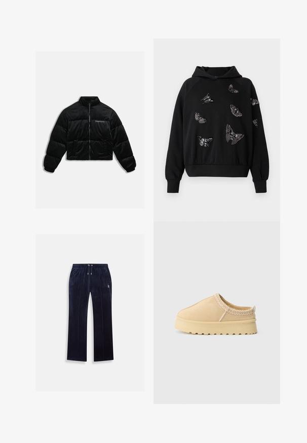 Veste courte en duvet noire en velours doux. Présente un col haut, une fermeture éclair à l'avant et deux poches latérales. Comprend une broderie de logo sur la poitrine.; Haut à capuche noir avec une coupe décontractée, orné de divers motifs de papillons en perles dans des tons d'argent et de noir sur le devant et les manches.; Pantalons de jogging en velours bleu marine avec une taille élastique, un cordon de serrage réglable et deux poches zippées sur les côtés. Présente un branding discret sur la jambe.; Chaussure slip-on beige avec semelle en caoutchouc épaisse, coutures en zigzag autour du col et languette au talon sur fond blanc uni.