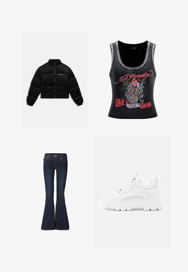 Zwarte cropped pufferjack gemaakt van zachte fluweel. Kenmerkt zich door een hoge kraag, ritssluiting aan de voorkant en twee zijzakken. Inclusief geborduurd logo op de borst.; Zwarte mouwloze tanktop met een zilveren accent bij de hals. Heeft een kleurrijke grafiek van een schedel met slangen en vleugels, met de tekst "Ed Hardy New York."; Uitlopende donkerblauwe spijkerbroek met een nauwsluitende taille, twee voorzakken en subtiele stikdetails. Voorzien van knoop- en ritssluiting.; Witte chunky sneakers met een textuur bovenkant, gevoerde kraag en dikke, gegroefde zool. Voorzien van contrasterende zwarte veters en merkaanduiding.