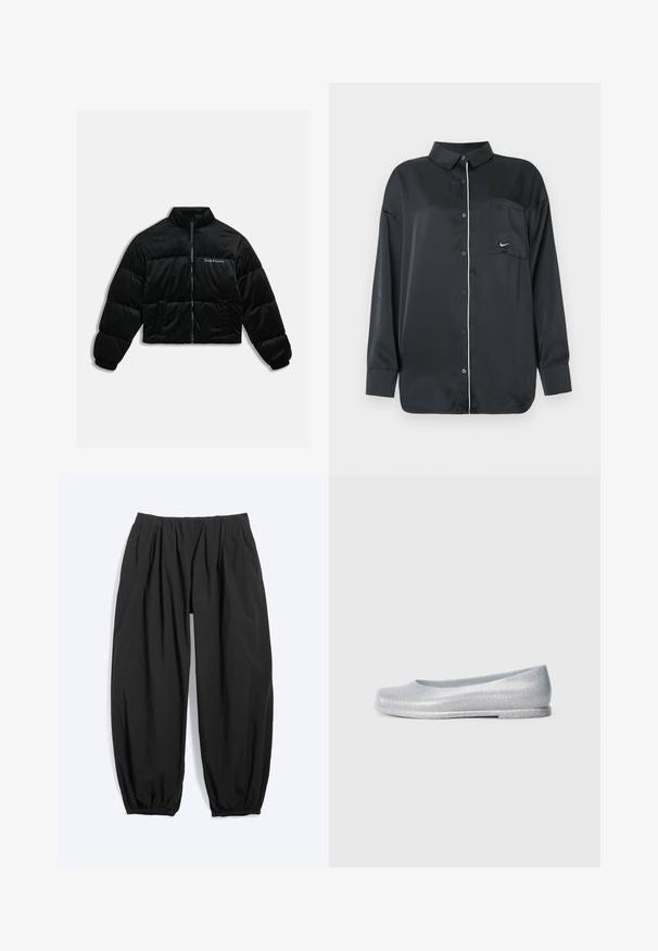 Sort cropped puffer jakke lavet af blødt velour. Har en høj krave, lynlås foran og to sidelommer. Inkluderer logo-broderi på brystet.; Sort langærmet skjorte med knapper og hvid piping langs knapperne samt en brystlomme med et lille hvidt Nike-logo.; Løse sorte tilspidsede bukser med elastisk talje og ankelsmæk, lavet af let stof.; Sølvglitrende balletflade sko med rund tå, glat tekstur, lav profil og minimal hæl. Enkel design uden yderligere udsmykninger.