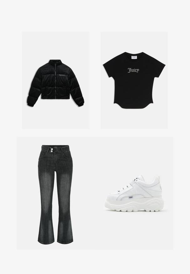 Sort cropped puffer jakke lavet af blødt velour. Har en høj krave, lynlås foran og to sidelommer. Inkluderer logo-broderi på brystet.; Sort kortærmet T-shirt med rund bund og raglanærmer. Har pyntet "Juicy" tekst i rhinsten på forsiden.; Sort vasket denim jeans med høj talje, dobbelt knaplukning, forlommer og let udvidede ben.; Hvide platform sneakers lavet af glansfuldt syntetisk materiale med snørebåndsdesign, polstret krave og brandet accent på siden.