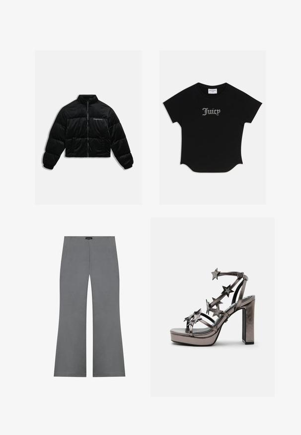 Sort cropped puffer jakke lavet af blødt velour. Har en høj krave, lynlås foran og to sidelommer. Inkluderer logo-broderi på brystet.; Sort kortærmet T-shirt med rund bund og raglanærmer. Har pyntet "Juicy" tekst i rhinsten på forsiden.; Grå breddebukser med en glat tekstur, der har høj talje og et rent design. Ingen synlige mønstre eller hardware-detaljer.; Metallisk højhælet sandal med plateau sål og flere remme dekoreret med stjerneformede pynt og ankelspænde.
