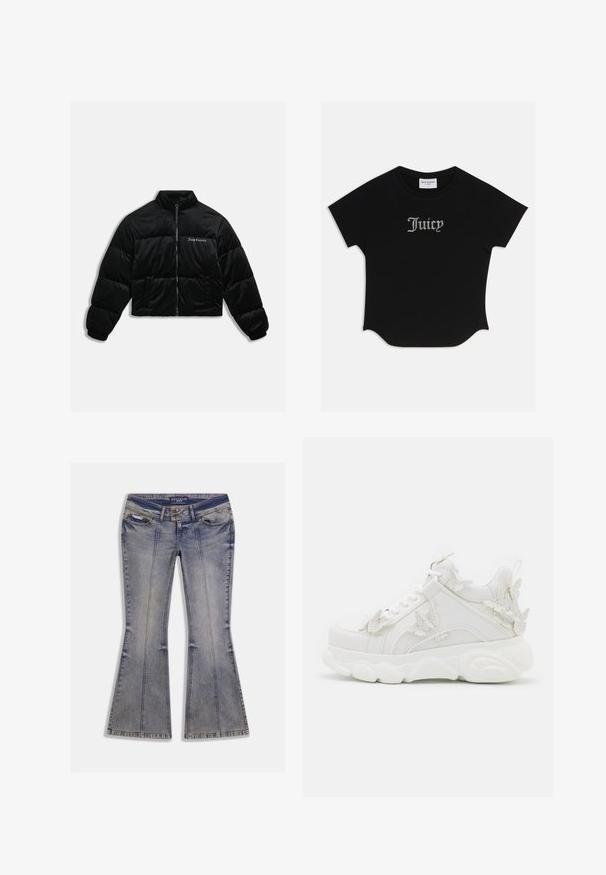 Zwarte cropped pufferjack gemaakt van zachte fluweel. Kenmerkt zich door een hoge kraag, ritssluiting aan de voorkant en twee zijzakken. Inclusief geborduurd logo op de borst.; Zwarte T-shirt met korte mouwen en een ronde onderkant, voorzien van raglanmouwen. Kenmerkt zich door versierde "Juicy"-tekst in strass-steentjes op de voorkant.; Uitlopende spijkerbroek in lichtblauw met vervaagde plekken, voorzakken en contrasterende stiksels. Voorzien van een ritsvlieg en een merkband aan de taille.; Witte chunky sneaker met dikke zool en decoratieve 3D vlinderaccenten aan de zijkant, veters en hiel.