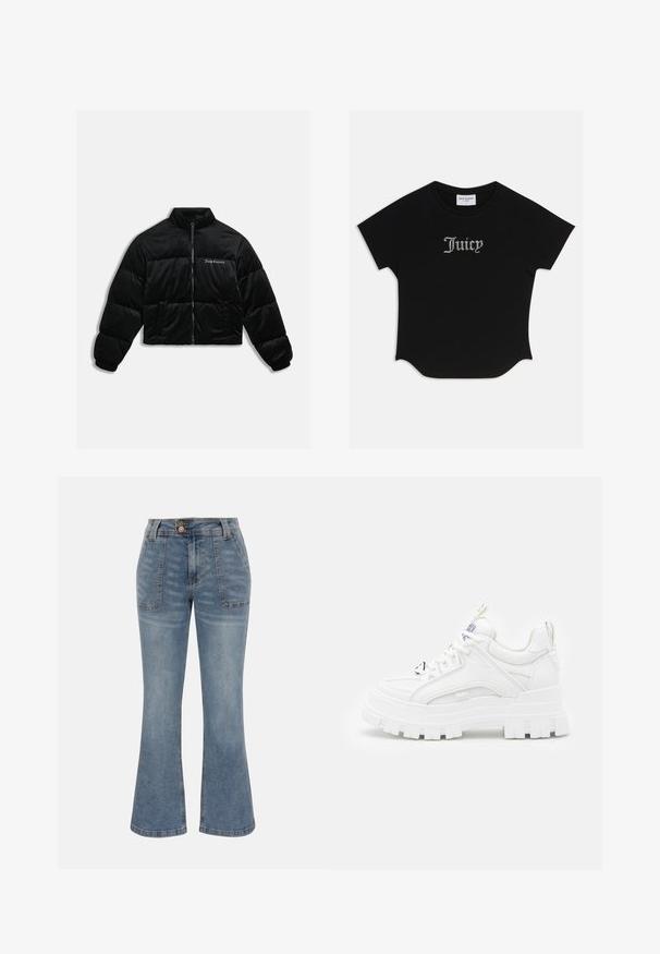 Sort cropped puffer jakke lavet af blødt velour. Har en høj krave, lynlås foran og to sidelommer. Inkluderer logo-broderi på brystet.; Sort kortærmet T-shirt med rund bund og raglanærmer. Har pyntet "Juicy" tekst i rhinsten på forsiden.; Blå denimjeans med høj talje, forlommer med lap, knap- og lynlås-lukning og en let udvidet ben-silhuet.; Hvide chunky sneakers med en tekstureret overdel, polstret krave og tyk, rillede sål. Har kontrastfarvede sorte snørebånd og brandingdetaljer.