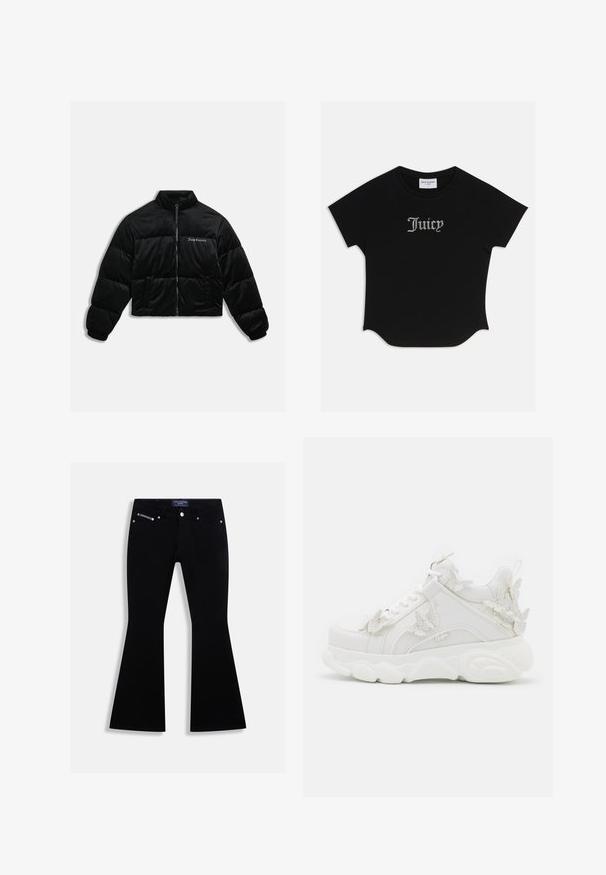 Veste courte en duvet noire en velours doux. Présente un col haut, une fermeture éclair à l'avant et deux poches latérales. Comprend une broderie de logo sur la poitrine.; T-shirt noir à manches courtes avec un ourlet arrondi et des manches raglan. Présente le texte "Juicy" rehaussé de strass à l'avant.; Jean noir évasé avec conception à cinq poches, bouton et rivets argentés, et une étiquette Juicy Couture sur la ceinture et la poche monnaie.; Baskets blanches épaisses avec une semelle épaisse et des accents décoratifs de papillons en 3D sur le côté, les lacets et le talon.