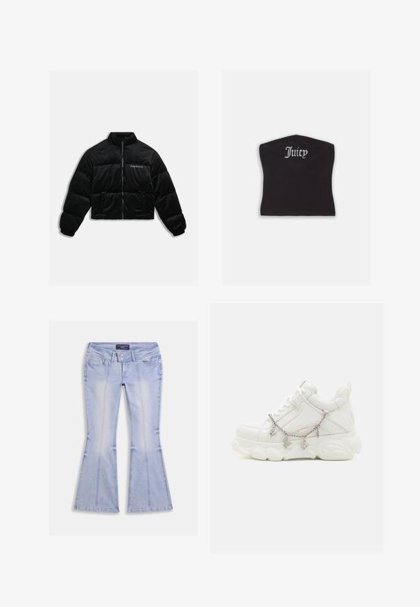 Veste courte en duvet noire en velours doux. Présente un col haut, une fermeture éclair à l'avant et deux poches latérales. Comprend une broderie de logo sur la poitrine.; Top court noir ajusté avec une texture lisse et un décolleté arrondi, orné de lettres en strass épelant "Juicy" à l'avant.; Jean évasé bleu clair avec poches avant et arrière, fermeture à double bouton et coutures visibles sur toute la surface.; Baskets blanches avec une semelle épaisse, tige en cuir texturé et chaîne en métal décorative avec des breloques. Dispose d'un système de laçage et d'un col rembourré.