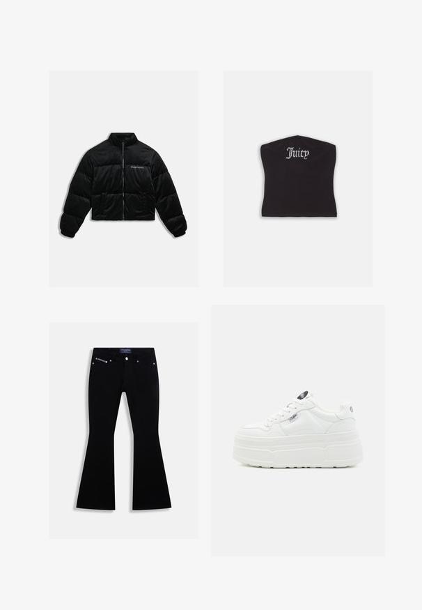 Sort cropped puffer jakke lavet af blødt velour. Har en høj krave, lynlås foran og to sidelommer. Inkluderer logo-broderi på brystet.; Sort tætsiddende crop top med en glat tekstur og en buet halsudskæring, udsmykket med rhinestones, der staver "Juicy" på forsiden.; Sorte flared jeans med fem-lomme-design, sølvknap og nitter samt et Juicy Couture-mærke på linningen og møntlommen.; Hvide platform sneakers med en glat syntetisk overflade, rund tå, polstret krave og tekstureret sål. Har et kontrasterende logo-tag.