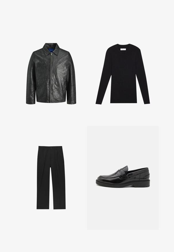 Veste en cuir noir avec une texture froissée, fermeture éclair et col. Elle possède des manches longues et des poches latérales.; Pier One by Zalando MUSCLE FIT KNITJUMPER - Pullover - black; Pantalons noirs au design droit, fabriqués à partir d'un tissu lisse. Dotés de plis sur le devant et d'une fermeture à un bouton à la taille.; Mocassins en cuir noir avec une finition lisse, un bout rond, un petit talon et descoutures décoratives à l'avant. Semelle en caoutchouc pour l'adhérence.