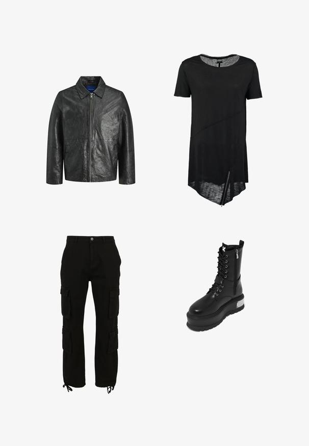 Veste en cuir noir avec une texture froissée, fermeture éclair et col. Elle possède des manches longues et des poches latérales.; T-shirt noir à manches courtes avec un col rond, ourlet asymétrique, texture transparente et un détail de zipper sur le côté. Tissu doux et léger.; Pantalon cargo noir en coton, doté de multiples poches latérales, d'une fermeture à boutons et d'ourlets réglables avec cordons.; Bottes de combat en cuir synthétique noir avec une plateforme épaisse, présentant un laçage à l'avant, une fermeture éclair et un accent métallique sur le talon.