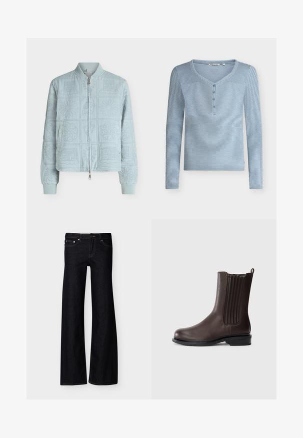 Ανοιχτό μπλε ζακέτα με φερμουάρ, με ριμπ γιακά και μανσέτες, με ραμμένα γεωμετρικά, ανθικά και κτηριακά σχέδια στο ύφασμα.; Μπλε και λευκό οριζόντια ριγέ μπλουζάκι Henley με μακριά μανίκια, τέσσερα κουμπιά και στρογγυλεμένο V-λαιμόκοψη.; Μαύρα τζιν παντελόνια με φαρδιά μπατζάκια, εμπρόσθιες τσέπες, κλείσιμο με κουμπί και εμφανή ραφές, εμφανίζονται πάνω σε απλό λευκό φόντο.; Καφέ δερμάτινη μπότα μέχρι τον αστράγαλο με στρογγυλή μύτη, ελαστικές πλαϊνές ταινίες και θηλιά για να την φορέσετε εύκολα. Ο χαμηλός μαύρος τακούνι προσθέτει αντίθεση στο σχέδιο.