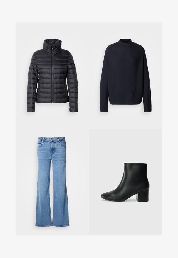 Doudoune noire avec col montant, fermeture éclair, design matelassé horizontal et texture lisse. Dispose de poches latérales et d'une silhouette ajustée.; Pull en maille navy avec un col montant, des manches longues et une coupe carrée. Texture douce, design minimaliste et sans logos ni motifs visibles.; Jean large de couleur bleu clair en denim. Doté d'un design classique à cinq poches et d'une braguette à boutons apparents. Texture douce et finition unie.; Bottines en cuir noir avec un bout pointu et un talon épais. Texture lisse avec des accents minimalistes et un design élégant et ajusté.