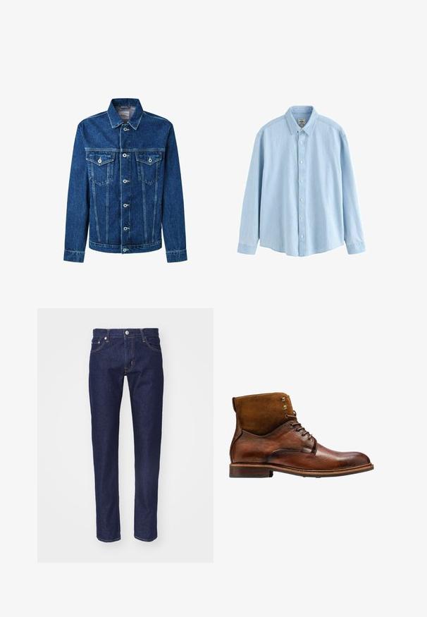 Denimjakke i mørkeblå, med knaplukning foran, to brystlommer og en klassisk krave. Syningerne er synlige langs sømmene.; Lyseblå denimskjorte med lange ærmer, knapper og krave, medium størrelse, vist mod en hvid baggrund.; Mørkeblå denim jeans med lige pasform, fem-lomme design, kontrasterende orange syninger og en sølvknaplukning i taljen.; Kazar ALID - Snørestøvletter - brown
