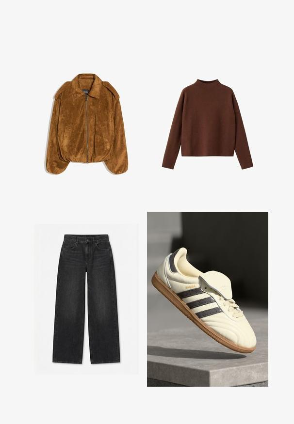Veste bomber en daim marron avec une fermeture éclair frontale, un grand col et des poches latérales. Présente un ourlet arrondi et une finition douce et texturée.; Pull en laine marron à manches longues avec un col montant. Fabriqué en tissu doux et texturé. Présente une coupe décontractée et ample avec un design minimaliste.; Jean large noir avec bouton et fermeture éclair à l'avant, passants pour ceinture et design à cinq poches sur un fond blanc uni.; Baskets en cuir crème avec trois bandes sombres, une semelle extérieure en gomme marron et un bout arrondi. Présentent une languette pliable étiquetée "SAMBA."