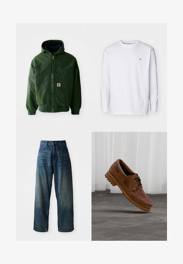 Veste à capuche en coton vert avec une fermeture éclair à l'avant, deux grandes poches, des poignets côtelés et un patch logo sur la poitrine gauche.; T-shirt à manches longues blanc en coton. Présente un petit logo doré sur la poitrine et un col rond. Design simple et coupe standard.; Jean en denim bleu taille large avec une finition délavée. Comprend cinq poches, une fermeture à bouton et des coutures contrastées. Tissu de poids lourd.; Chaussure de bateau en cuir marron avec des lacets noirs, des coutures beiges et une semelle robuste, suspendue au-dessus d'un sol en béton gris.