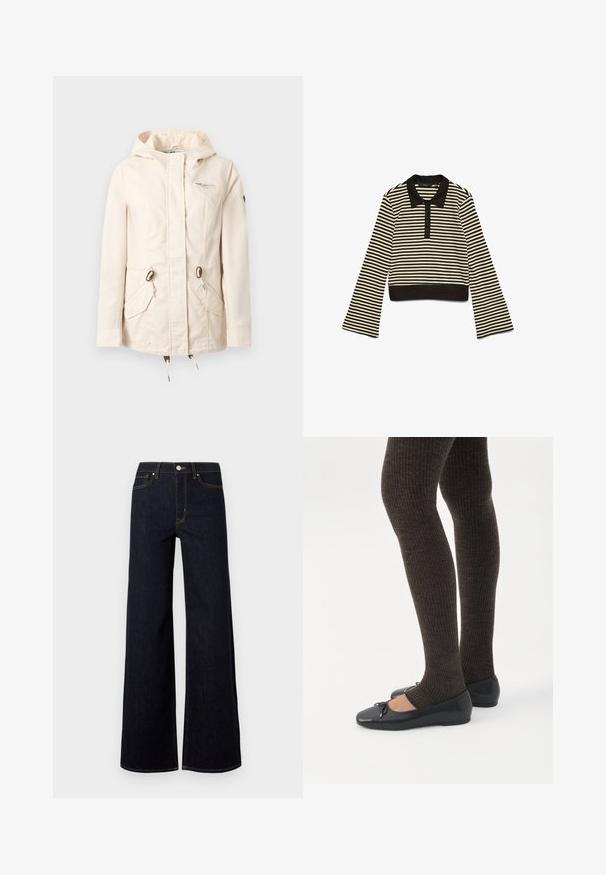 Veste à capuche couleur crème avec fermeture éclair frontale, deux poches à rabat avec boutons-pression et une petite poche poitrine zippée.; Polo rayé horizontal noir et beige à manches longues avec un col noir et une patte de boutonnage, posé à plat sur un fond blanc.; Jeans large en denim bleu foncé, avec une taille haute, des coutures contrastées et un unique bouton métallique à l'avant.; Jambes portant des leggings côtelés foncés associés à des ballerines noires avec de petits détails en nœud sur fond blanc.