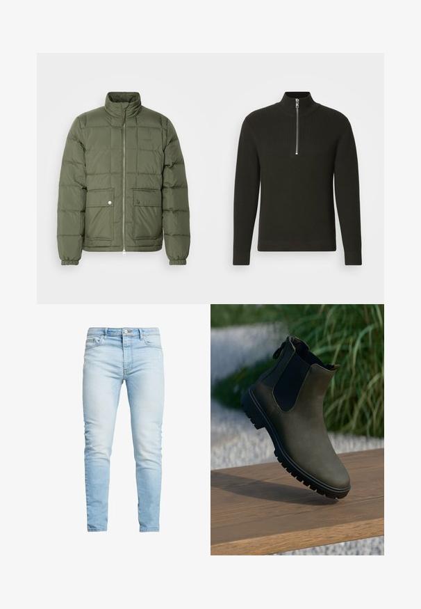 Veste matelassée verte avec un col haut, un design matelassé, deux poches avant et des bijoux en argent. Présente des poignets et un ourlet élastiqués.; Pull en tricot noir côtelé avec un col montant et une fermeture éclair courte, dotée de manches longues et d'une coupe slim.; Jean en denim bleu clair avec une coupe slim, taille haute et décoloration subtile, fermeture par bouton et design à cinq poches.; Bottine ankle vert foncé avec une finition lisse, un empiècement élastique sur le côté et une semelle noire robuste. Détail de fermeture éclair à l'arrière pour un enfilage facile.