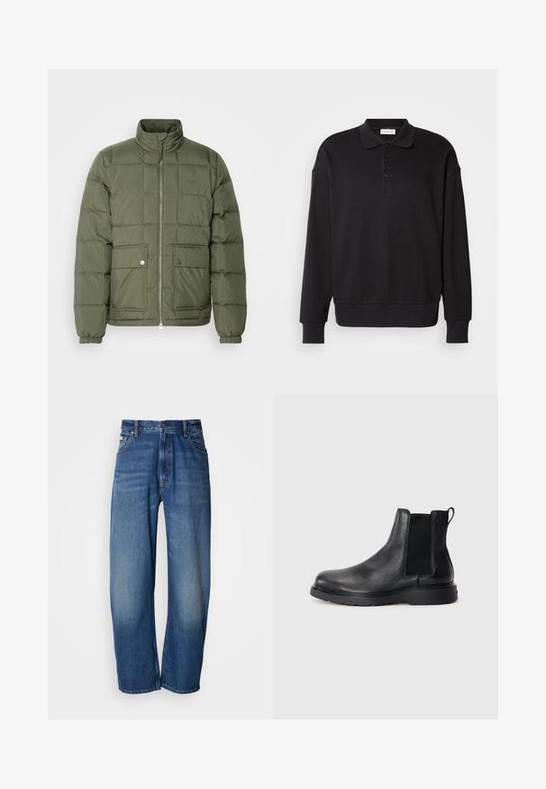 Veste matelassée verte avec un col haut, un design matelassé, deux poches avant et des bijoux en argent. Présente des poignets et un ourlet élastiqués.; Polo-shirt noir à manches longues, texture côtelée, patte de boutonnage à trois boutons, logo brodé sur la poitrine, poignets et ourlet ajustés. Matière douce en mélange de coton.; Jean en denim à jambes larges de couleur bleu moyen. Comprend une fermeture éclair, cinq poches et un léger délavage pour un effet usé. Détails de couture classiques.; Bottes Chelsea en cuir noir avec une finition texturée, des panneaux latéraux élastiques et une semelle en caoutchouc robuste. Branding subtil sur le talon.