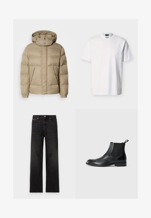 Veste à capuche rembourrée en beige, dotée de deux poches avant, d'un tissu texturé et de poignets côtelés. Boutons-pression au niveau du cou pour la fermeture.; T-shirt blanc à manches courtes en coton, avec un col rond et un logo de la marque imprimé au niveau du col. Texture lisse, design basique.; Jean noir droit avec cinq poches, passants pour ceinture et fermeture par bouton, présenté sur un fond blanc.; Bottine en cuir noir avec des panneaux latéraux élastiques, bout rond et tirette. Texture lisse, semelle plate, design minimaliste.
