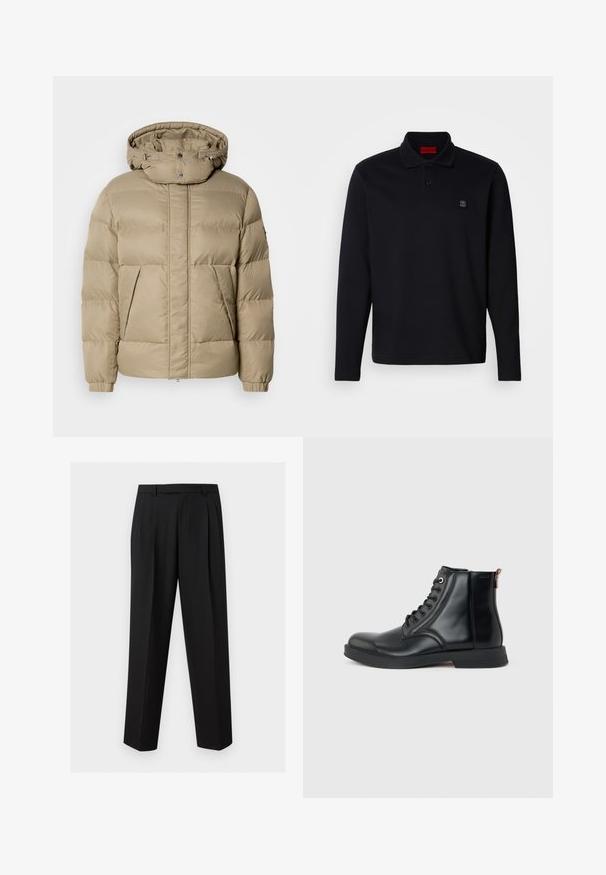 Veste à capuche rembourrée en beige, dotée de deux poches avant, d'un tissu texturé et de poignets côtelés. Boutons-pression au niveau du cou pour la fermeture.; Polo noir à manches longues avec un col à revers, une patte de boutonnage et un petit logo brodé sur la poitrine gauche. Tissu doux au toucher.; Pantalon noir sur mesure avec jambes droites, plis à la taille, passants de ceinture et poches latérales fendues, présenté sur un fond uni.; Bottine en cuir noir avec laçage à l'avant, bout arrondi, semelle plate et languette à l'arrière sur un fond uni gris clair.