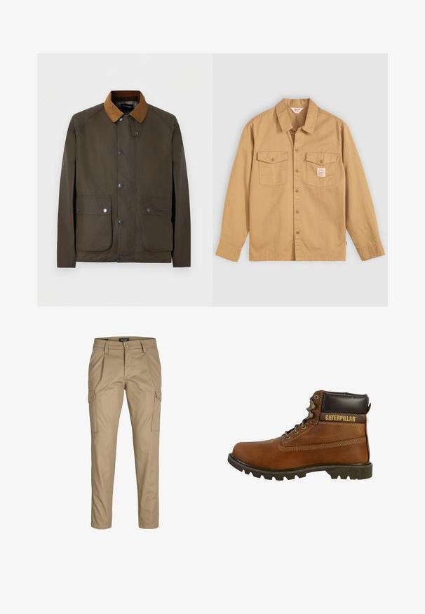 Veste marron cirée avec col en velours côtelé beige, boutons-pression à l'avant et deux grandes poches à rabat à boutons.; Chemise beige à manches longues, avec deux poches sur la poitrine et une petite étiquette. Fabriquée en coton avec une texture lisse et un design de col classique.; Pantalons cargo beiges en mélange de coton. Présentent deux poches latérales, une fermeture à bouton et une coupe droite. Texture lisse et ajustement soigné.; Botte de travail en cuir marron avec une tige haute, semelle robuste, œillets métalliques et un col rembourré marron foncé. Présente la marque "Caterpillar".