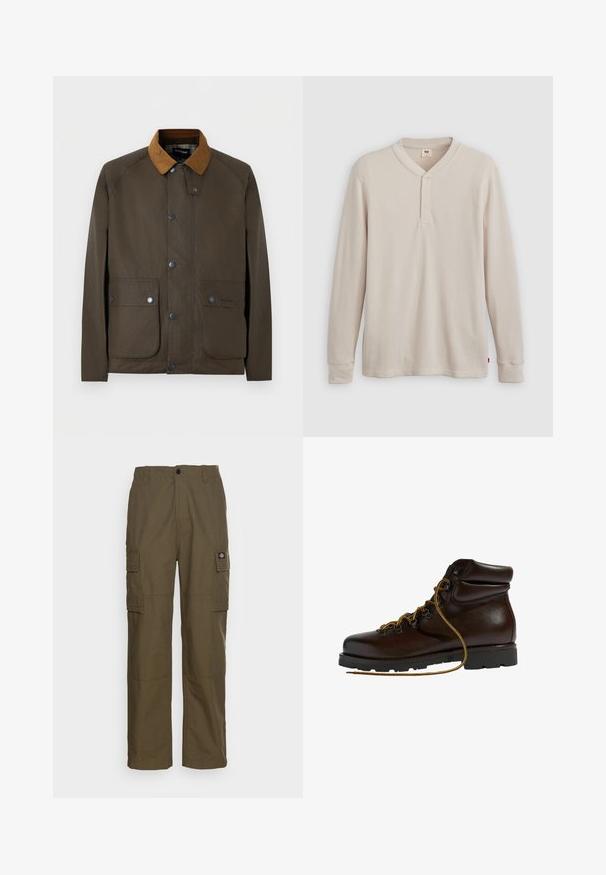 Veste marron cirée avec col en velours côtelé beige, boutons-pression à l'avant et deux grandes poches à rabat à boutons.; T-shirt henley à manches longues en tissu côtelé beige clair, avec un col en V, une patte de boutonnage à trois boutons et des manches à poignets. Étiquette logo rouge à l'ourlet.; Pantalons cargo en vert olive, fabriqués en tissu durable. Présentent deux poches latérales, une taille standard et une coupe droite.; Bottine de randonnée en cuir marron avec un bout arrondi, surface texturée, lacets jaunes et œillets en métal. Dotée d'une semelle en caoutchouc noir robuste.
