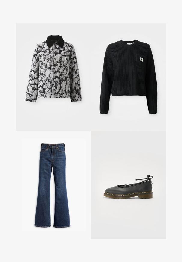 Veste à motif camouflage noir et gris avec col noir, devant boutonné, poches à rabat sur la poitrine, écusson logo jaune sur la poche de poitrine gauche.; Pull en maille côtelée noir avec un col rond, des manches longues et une poche avant arborant un petit patch logo. Longueur cropped.; Jeans en denim bleu foncé taille haute avec jambes évasées, fermeture à boutons et zip à l'avant, et conception à cinq poches.; Chaussure en cuir noir avec un bout rond, un talon bas, des détails en lacets et des coutures jaunes le long de la semelle. Texture lisse avec une finition mate.
