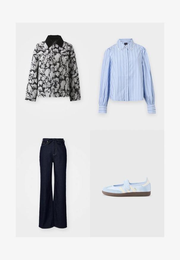 Veste à motif camouflage noir et gris avec col noir, devant boutonné, poches à rabat sur la poitrine, écusson logo jaune sur la poche de poitrine gauche.; Blouse bleu clair avec des rayures verticales bleu foncé et blanches, manches longues bouffantes, poignets boutonnés, et col arrondi bordé de dentelle festonnée.; Jean large en denim bleu foncé, avec une taille haute, des poches avant et une fermeture à lacer à la taille.; Baskets bleu clair avec une sangle à velcro, des bandes crème sur les côtés, tige en tissu souple, semelle en caoutchouc marron texturée.