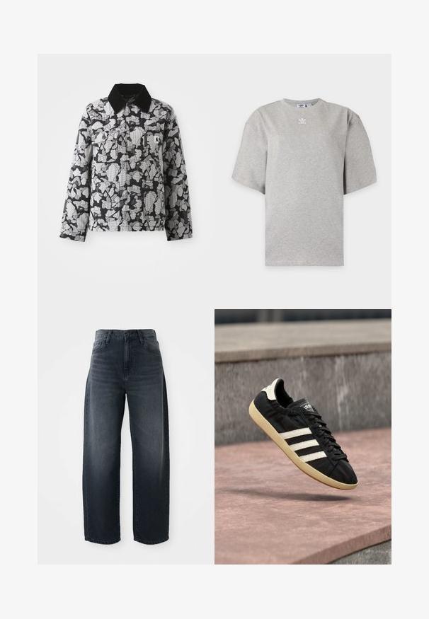 Veste à motif camouflage noir et gris avec col noir, devant boutonné, poches à rabat sur la poitrine, écusson logo jaune sur la poche de poitrine gauche.; T-shirt Adidas gris clair à manches courtes avec col rond et petit logo Adidas blanc sur la poitrine, présenté sur un fond simple.; Jeans évasés en denim indigo, avec une taille haute, une fermeture classique à bouton et glissière, et un délavage subtil sur le devant.; Baskets Adidas noires avec des bandes blanches et une semelle beige, capturées en plein air au-dessus d'une surface en pierre et d'un mur en pierre en arrière-plan.