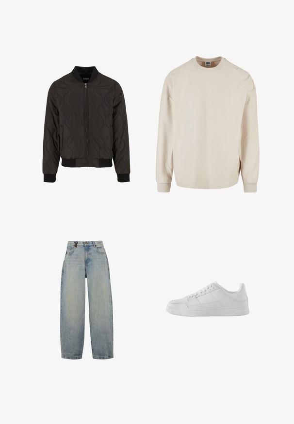 Veste bomber noire matelassée avec un col côtelé, des poignets élastiques et une taille élastique. Présente une fermeture éclair et une texture lisse.; Sweatshirt beige à manches longues avec un col rond, présentant des épaules tombantes et des poignets côtelés. Texture douce et coupe décontractée.; Jean en denim bleu clair avec une coupe décontractée, dotée d'une taille haute, de jambes larges, d'un design classique à cinq poches et d'accents matériels en métal.; Baskets blanches basses avec panneaux en cuir texturé et lisse, fermeture à lacets et semelle en caoutchouc plate, vues de côté gauche.