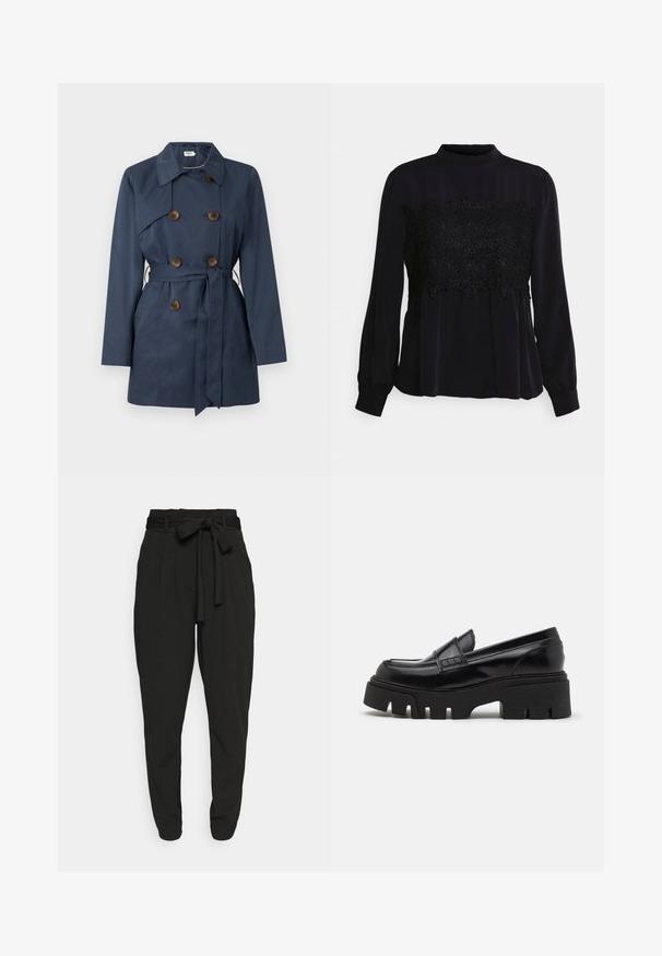 Marineblå dobbeltradet trenchcoat med brune knapper, bælte til at binde om taljen og lange ærmer.; Pieces Petite PCKAMILLA - Bluse - black; JDY Petite Bukser - black; Sorte læder loafers med en chunky, tekstureret platformssål og en dekorativ rem over toppen. Glat, blank finish.