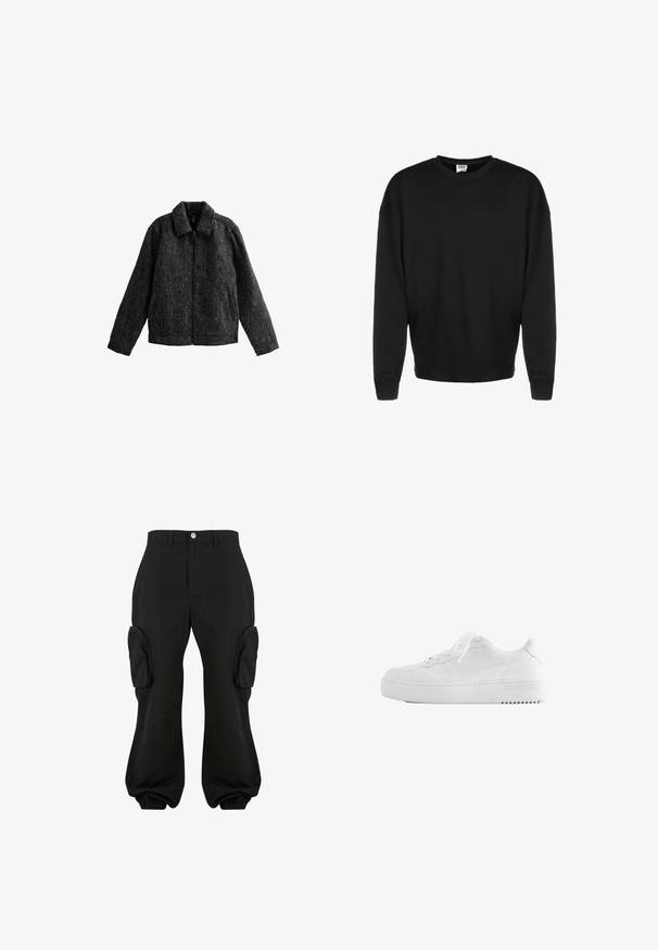 Veste zippée grise avec un col. Fabriquée en tissu texturé avec une finition douce. Comprend deux poches latérales et des manches longues.; Sweatshirt noir à manches longues, col rond, avec des poignets côtelés et une coupe décontractée, présenté sur un fond blanc.; Pantalons cargo noirs avec une coupe décontractée, dotés de deux poches cargo latérales, de poignets élastiques aux chevilles et d'une fermeture à bouton à la taille.; Baskets basses blanches avec lacets à l'avant, semelle épaisse et détails de couture minimes sur fond blanc uni.