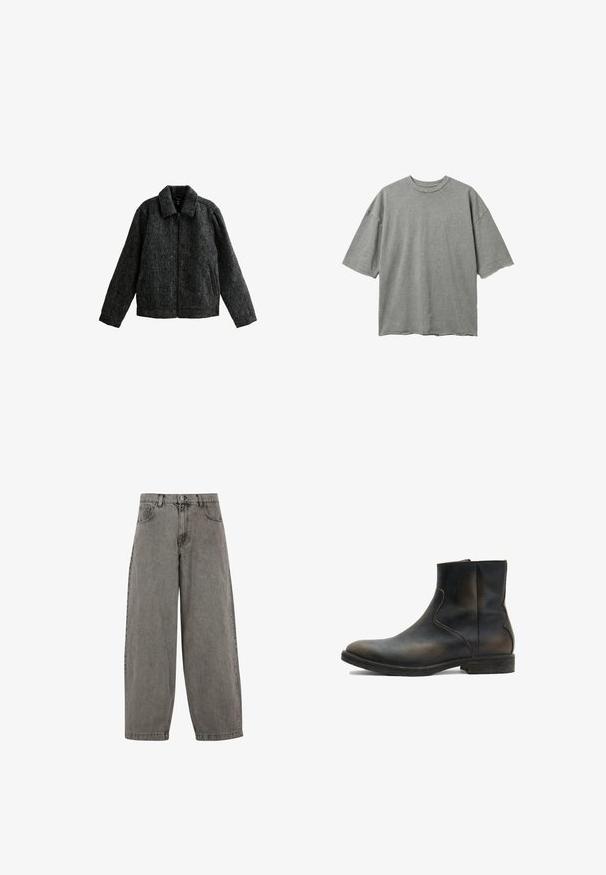 Veste zippée grise avec un col. Fabriquée en tissu texturé avec une finition douce. Comprend deux poches latérales et des manches longues.; T-shirt en coton gris délavé à manches courtes surdimensionné avec bords bruts aux manches et à l'ourlet, col rond, présenté à plat sur fond blanc.; Pantalon en denim gris avec taille haute, jambes larges, design classique à cinq poches et fermeture à bouton à l'avant. Fini légèrement texturé.; AllSaints LANG - Bottines - brown