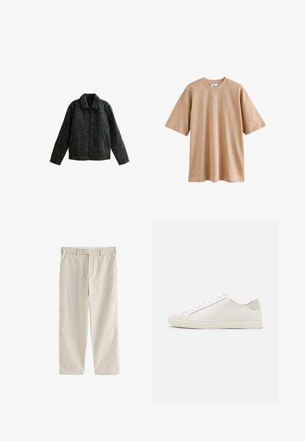 Veste zippée grise avec un col. Fabriquée en tissu texturé avec une finition douce. Comprend deux poches latérales et des manches longues.; T-shirt beige oversize en coton à manches courtes avec col rond et épaules tombantes, présenté à plat sur fond blanc.; Pantalon beige droit avec passants pour ceinture, poches latérales et fermeture éclair devant, posé à plat sur un fond blanc.; Baskets en cuir blanc avec une surface lisse, bout rond et design minimaliste. Présentent des accents beiges sur le talon et une semelle en caoutchouc.