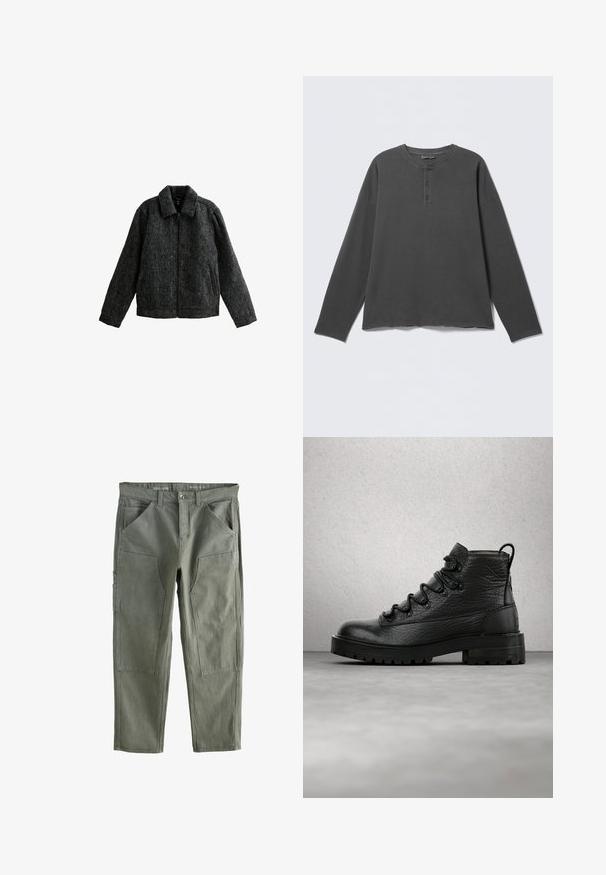 Chaqueta gris con cremallera y cuello. Fabricada con un tejido texturizado de acabado suave. Presenta dos bolsillos laterales y mangas largas.; Camiseta henley de manga larga en gris oscuro con escote redondo y tres botones en la tapeta frontal.; Pantalones de corte relajado en verde oliva, hechos de algodón, con múltiples bolsillos, diseño de pierna recta y cierre de botón. Superficie de tejido texturada.; Botines de cuero negro con parte superior texturizada, seis ojales y suela resistente. Incluyen una lengüeta en el talón para facilitar su uso.