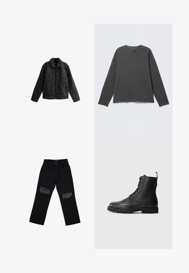 Chaqueta gris con cremallera y cuello. Fabricada con un tejido texturizado de acabado suave. Presenta dos bolsillos laterales y mangas largas.; Camiseta henley de manga larga en gris oscuro con escote redondo y tres botones en la tapeta frontal.; Vaqueros de mezclilla negros con un corte relajado, que presentan desgastes deshilachados en la parte delantera de la rodilla y una cinturilla estándar con cierre de botón.; Botín de cuero negro con punta redonda, diseño con cordones y ojales de metal. Cuenta con una suela texturizada y una lengüeta en el talón para facilitar su uso.