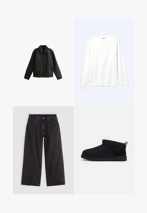 Chaqueta gris con cremallera y cuello. Fabricada con un tejido texturizado de acabado suave. Presenta dos bolsillos laterales y mangas largas.; Camisa blanca lisa de manga larga con cuello redondo y puños acanalados, mostrada sobre un fondo claro y neutro.; Vaqueros negros de pierna ancha con bolsillos delanteros, trabillas para cinturón y cierre de botones, mostrados sobre un fondo liso y claro.; Botines de ante negros con un forro suave y texturizado, suela de goma de perfil bajo y una lengüeta en la parte posterior para facilitar su uso.