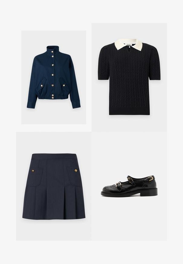 Veste bleu marine avec col montant, boutons-pression dorés sur le devant, ourlet élastique et deux poches avant à rabat avec fermetures à bouton doré.; Haut noir en maille à manches courtes avec motif torsadé, doté d'un col pointu blanc orné de perles et d'une petite ouverture frontale avec bouton.; Jupe à rayures bleu marine foncé avec des plis à l'avant et deux poches à rabat ornées de boutons dorés de chaque côté.; Chaussures en cuir noir avec détails de brogue, dotées de deux sangles à boucle, d'un bout arrondi et d'un talon bas. Texture lisse avec finition brillante.