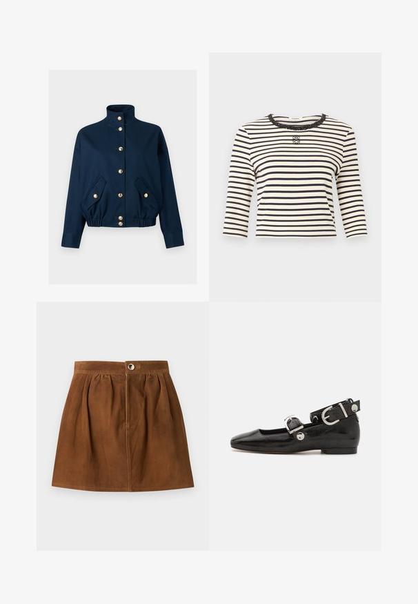Veste bleu marine avec col montant, boutons-pression dorés sur le devant, ourlet élastique et deux poches avant à rabat avec fermetures à bouton doré.; Haut à manches longues à rayures horizontales blanches et noires avec un col rond orné de sequins et un petit logo décoratif au centre de la poitrine.; Jupe patineuse en daim marron avec des plis, bouton sur le devant et fermeture éclair dissimulée, présentée à plat sur un fond gris clair.; Ballerine en cuir verni noir avec un bout carré, sangle de cheville avec des détails en métal argenté et semelle plate. Texture lisse avec un design minimaliste.