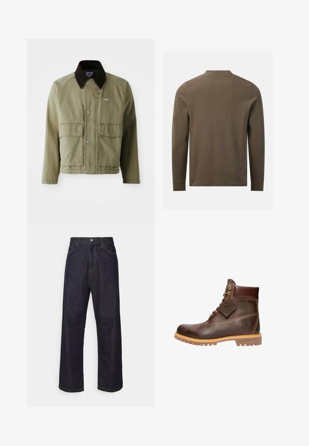 Chaqueta de mezclilla verde oliva con un cuello de ante marrón, con botones a presión, dos bolsillos frontales y un pequeño logo en el lado izquierdo del pecho.; Camisa texturizada de manga larga en verde oliva mostrada desde atrás con cuello redondo y puños lisos sobre fondo blanco.; Jeans de mezclilla de pierna recta en azul oscuro con costuras amarillas, botón delantero, cremallera y diseño de cinco bolsillos.; Botín de cuero marrón hasta el tobillo con punta redonda, suela resistente, herrajes en tono dorado y parte superior texturizada. Incluye una etiqueta con el logo adjunta.
