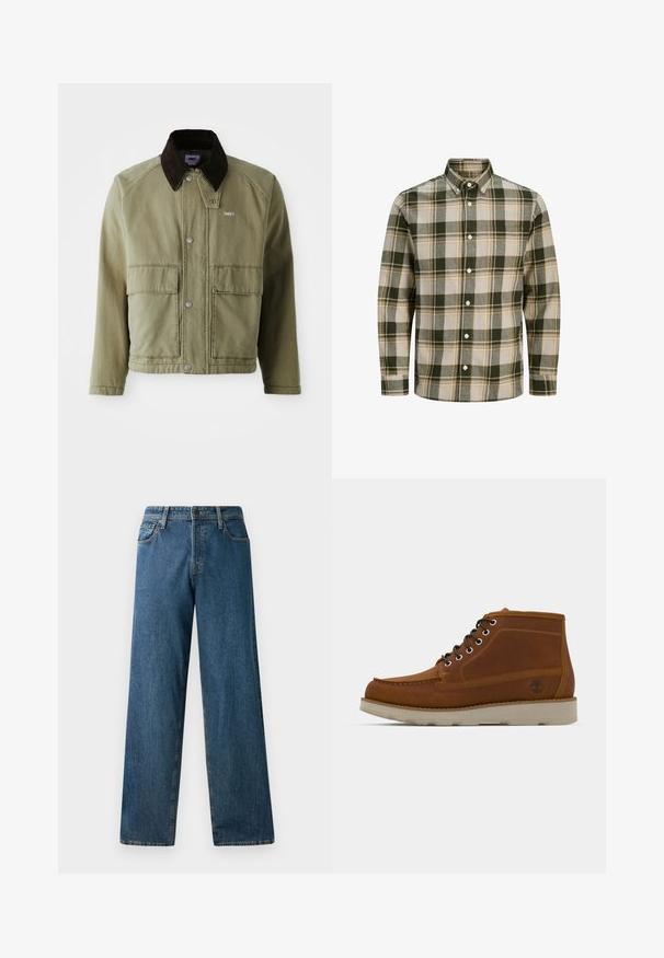 Olivenfarbene Jeansjacke mit einem braunen Wildledkragen, ausgestattet mit Druckknöpfen, zwei Fronttaschen und einem kleinen Logo auf der linken Brust.; Button-up Hemd in grün, beige und grau im Karomuster. Mit Kragen und langen Ärmeln. Hergestellt aus weichem, strukturiertem Stoff.; Dunkelblaue Jeans aus Denim mit einem lässigen Schnitt, geraden Beinen, fünf Taschen und kontrastierenden Nähten. Verfügt über einen Frontknopf und einen Reißverschluss.; Braune Leder-Stiefeletten mit abgerundetem Zehenbereich, schwarzen Schnürsenkeln und strukturierten Oberflächen. Verfügt über eine hellfarbige Sohle und ein Baum-Logo-Detail.