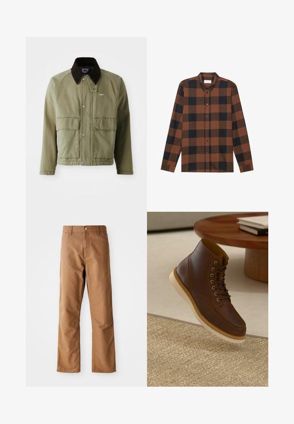 Olivenfarvet denimjakke med en brun ruskindsfarvet krave, med trykknapper, to forlommer og et lille logo på venstre bryst.; Brun og sort ternet langærmet skjorte lavet af stof med button-down krave og knaplukning; har manchetter ved ærmerne.; Brune lige ben bukser med bæltestropper, forlommer, knaplukning og lynlåsgylp på hvid baggrund.; Brune læderankelstøvle med beige sål på et struktureret beige tæppe ved siden af et rundt træbord med stakke af bøger.
