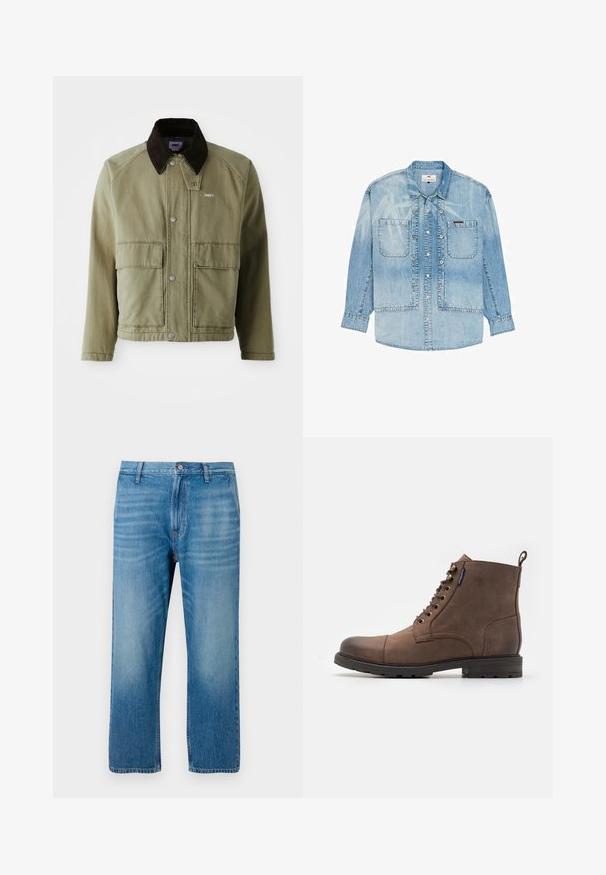 Olivenfarvet denimjakke med en brun ruskindsfarvet krave, med trykknapper, to forlommer og et lille logo på venstre bryst.; Lyseblå denimskjorte med lange ærmer, knaplukning foran, to brystlommer og klassisk krave.; Lys blå denimbukser med lige pasform, fem lomme-design, knaplukning og subtil falmning på forsiden. Ingen synlige mønstre.; Jack & Jones JFWTRAINER BOOT - Snørestøvletter - brown stone