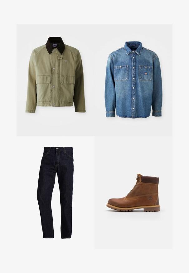 Oliivroheline denim jakk pruunist sametist kraega, millel on nööbiliistu, kaks esikot ja väike logo vasakul rinnal.; Keskmise sinise denimpusa, millel on terav krae, kaks rinna taskut ja hõbedased nupud. Pikad varrukad on nupuga varustatud mansettidega.; Tumedast sinisest denimist sirged lõikega teksapüksid, millel on kollane õmblus, viis taskut ja klassikaline nööbiga ning tõmblukuga sulgemine.; Pruun nahast matkasaapad, millel on siledat viimistlus, pehmendatud pahkluu, metallist silmad ja kummist põhi koos robustse mustriga.