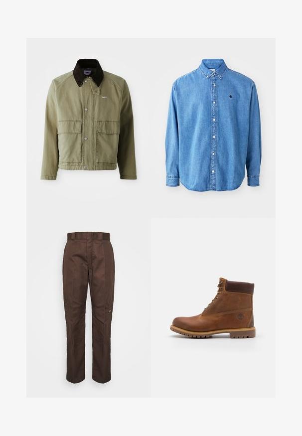 Chaqueta de mezclilla verde oliva con un cuello de ante marrón, con botones a presión, dos bolsillos frontales y un pequeño logo en el lado izquierdo del pecho.; Camisa de denim abotonada, de color azul claro, con cuello de punta, mangas largas y un pequeño logotipo en el pecho. Cuenta con botones blancos y costuras cosidas.; Pantalones marrones de pierna recta con una textura suave. Presenta un lazo para cinturón, costuras laterales y un pequeño logo de la marca en la pierna izquierda.; Botas de senderismo de cuero marrón con un acabado suave, tobillo acolchado, ojales de metal y suela de goma con un patrón de tracción robusto.